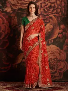 Anouk Red & White Printed & Embroidered Pure Georgette Bandhani Saree