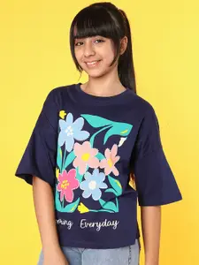 Natilene Girls Floral Printed Drop-Shoulder Sleeves Pure Cotton T-shirt