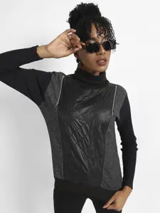 Campus Sutra Colourblocked Turtle Neck Cotton Pullover Sweatshirt