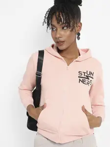 Campus Sutra Typography Printed Hooded Cotton Front-Open Sweatshirt