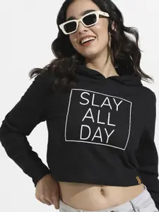 Campus Sutra Typography Printed Hooded Crop Cotton Pullover Sweatshirt