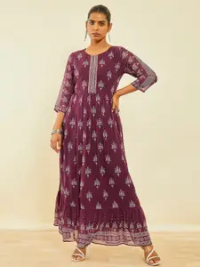 Soch Ethnic Motifs Printed Gathered Georgette Fit & Flare Maxi Ethnic Dress