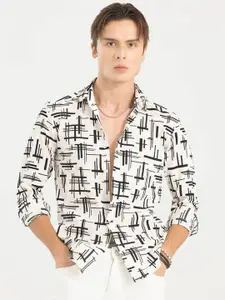 Snitch Slim Fit Abstract Printed Spread Collar Long Sleeve Cotton Casual Shirt