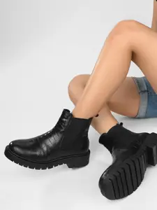 MISEEN Women Textured Heeled Mid-Top Chelsea Boots