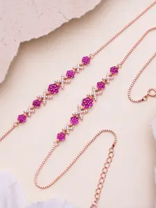 Zavya Set of 2 925 Pure Sterling Silver Rose Gold-Plated Artificial Stones-Studded Anklet