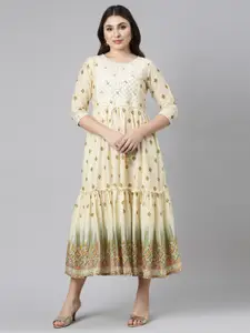 Neerus Ethnic Motifs Printed Embroidered Tiered Cotton A-Line Ethnic Dress