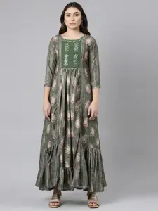 Neerus Ethnic Motifs Printed Embroidered Detail A-Line Maxi Ethnic Dress