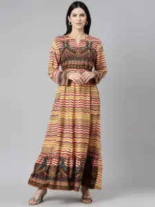 Neerus Printed Stone Work Cotton A-line Maxi Ethnic Dress