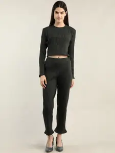 CHKOKKO Ribbed Round Neck Long Sleeves Top With Trouser