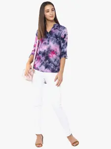 Crimsoune Club Tie & Dye Band Collar Roll-Up Sleeves Cotton Shirt Style Top