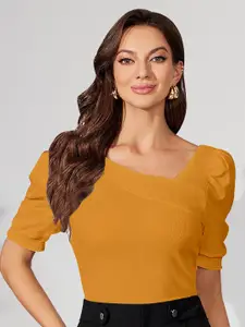 Dream Beauty Fashion Asymmetric Neck Puffed Sleeves Ribbed Top
