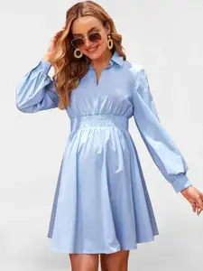 Selvia Smocked Detailed Shirt Collar Cuffed Sleeves A-Line Dress
