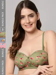Extoes Pack Of 3 Floral Lightly Padded Full Coverage All Day Comfort Cotton Push-Up Bra
