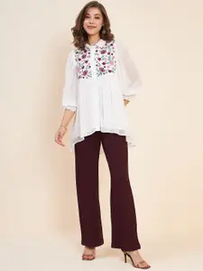Antheaa White Self Design Embroidered Top & Trousers