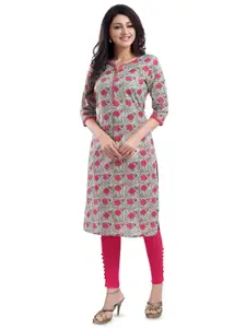 keshubaba Floral Printed Round Neck Three-Quarter Sleeve Cotton Kurta