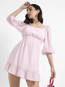 Campus Sutra Square Neck Puff Sleeves Fit & Flare Mini Dress