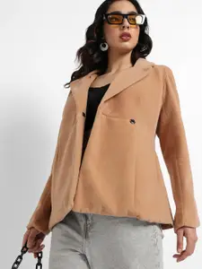 Campus Sutra Beige Notched Lapel Single-Breasted Casual Blazer