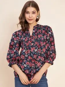 Antheaa Floral Printed Mandarin Collar Puff Sleeves Gathered Pure Cotton Top