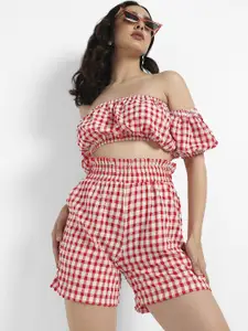 Campus Sutra Gingham Checked Off Shoulder Crop Top & Shorts