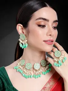 Peora Women Gold-Plated Kundan Studded Choker Necklace with Earrings & Finger Ring