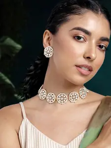 Peora Women Gold-Plated Kundan Studded Choker Necklace with Earrings