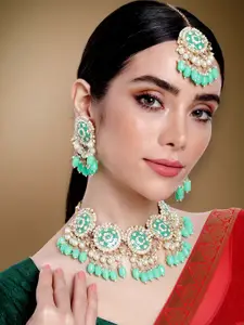 Peora Women Gold-Plated Kundan Studded Choker Necklace with Earrings & Maang Tikka