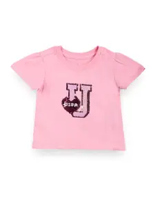U.S. Polo Assn. Kids Girls Typography Printed Embellished Pure Cotton Casual T-shirt