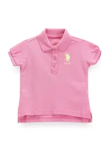 U.S. Polo Assn. Kids Girls Pink Polo Collar Puff Sleeve Cotton T-shirt
