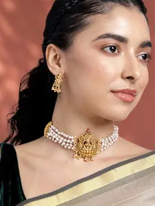 Peora Women Gold-Plated Beaded Choker Necklace with Earrings