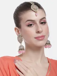 Peora Women Gold-Plated Kundan Studded Earrings & Maangtikka Set
