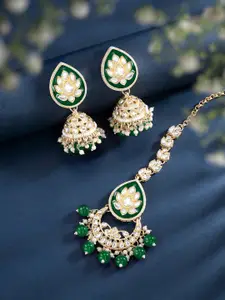 Peora Women Gold-Plated Kundan Studded & Beaded Mang Tikka with Earrings