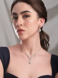 Rubans 18K Gold-Plated White AD & Cubic Zirconia Studded Crystal Drop Necklace Set