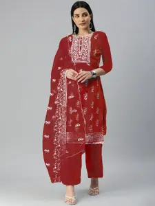 MANVAA Maroon & White Embroidered Organza Unstitched Dress Material