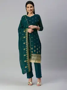 MANVAA Teal & Gold-Toned Embroidered Unstitched Dress Material
