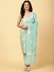 Meena Bazaar Floral Printed Mirror Work Unstitched Dress Material