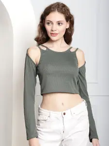 NoBarr Ribbed Cold-Shoulder Sleeves Cut Out Crop Top