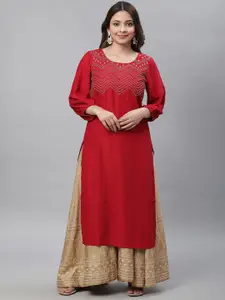 AURELIA Ethnic Motifs Round Neck Puff Sleeve Thread Work Kurta