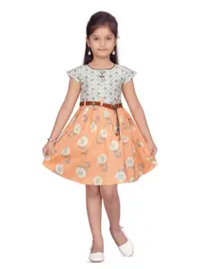 BAESD Girls Floral Print Round Neck Cap Sleeve Fit & Flare Pleated Cotton Dress