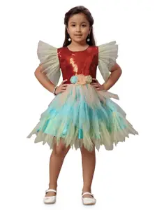 BAESD Girls Embellished Flutter Sleeves Sequined Detail Net Fit & Flare Dress