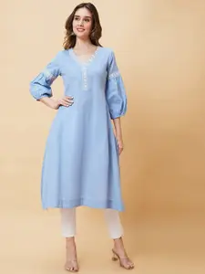 Globus Floral Embroidered Puff Sleeves Pure Cotton A-line Kurta