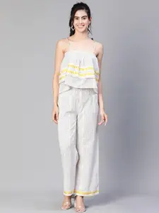 Oxolloxo Embroidered Elasticated Pant With Shoulder Strap Top Cotton Co-Ord Set