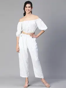 Oxolloxo Striped Off Shoulder Top With Elasticated Pant Co-Ord Set