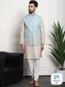 SOJANYA Floral Printed Regular Silk Cotton Kurta With Churidar & Woven Design Nehru Jacket