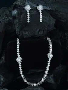 MANSIYAORANGE Rhodium-Plated AD Studded Necklace With Earrings Jewellery Set