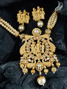 MANSIYAORANGE Gold-Plated Stone Studded & Beaded Necklace With Earrings Jewellery Set