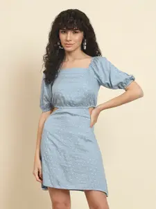 Trend Arrest Geometric Printed Square Neck Puff Sleeves Cut-Outs Sheath Dress