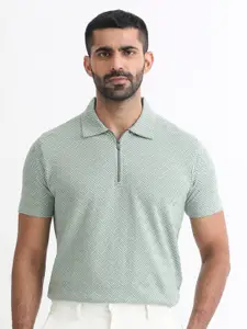 RARE RABBIT Geometric Printed Polo Collar Cotton Slim Fit T-shirt