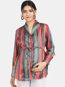 angloindu Striped Shawl Collar Maternity Shirt Style Top