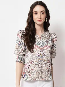 angloindu Floral Printed Smocked Puff Sleeves Shirt Style Top
