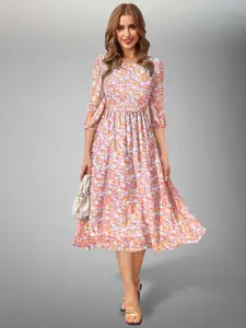 BAESD Floral Printed Puff Sleeves Fit & Flare Dress
